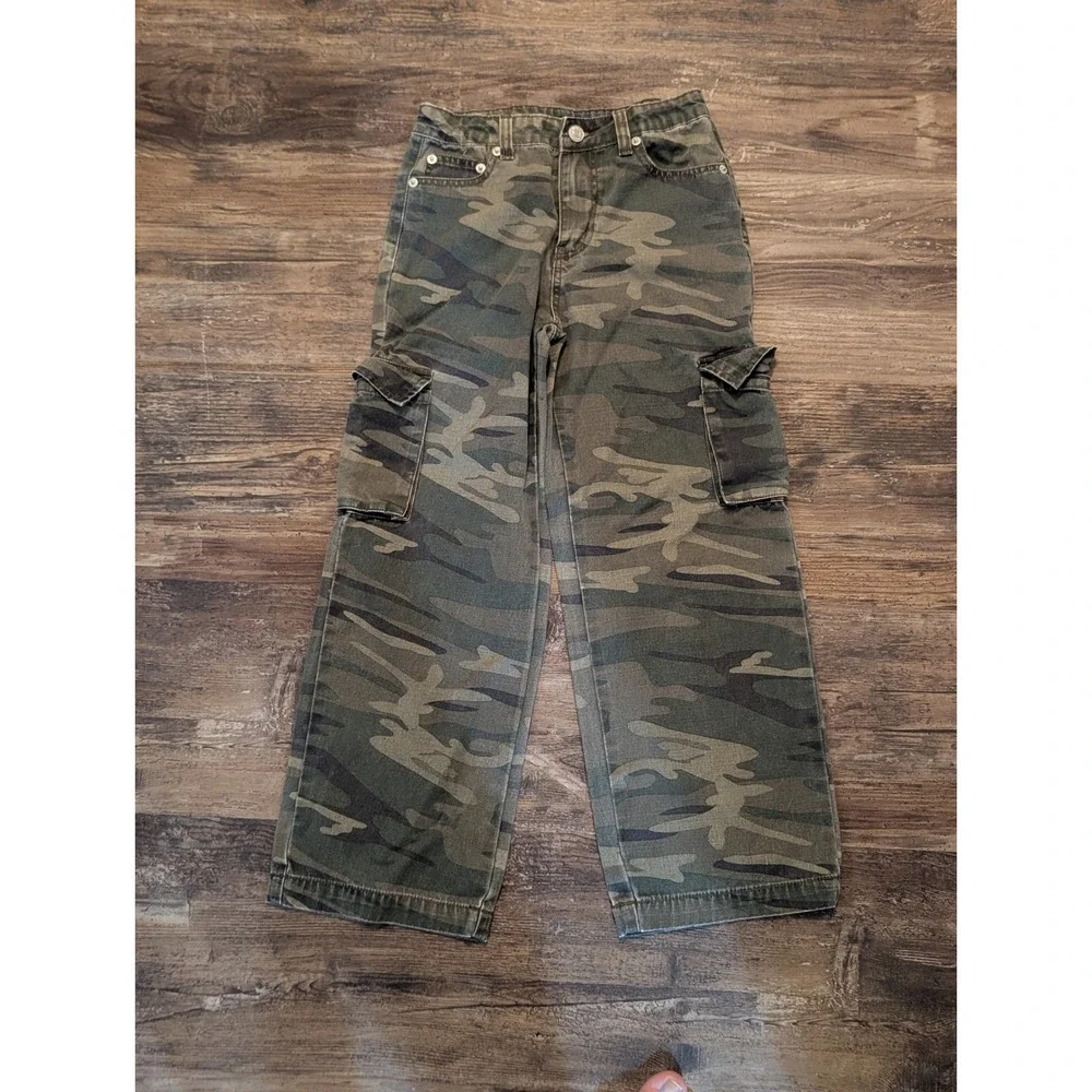 Forever 21 Kids Camo Cargo Pants Green Brown Wide Leg Camouflage Size 9/10